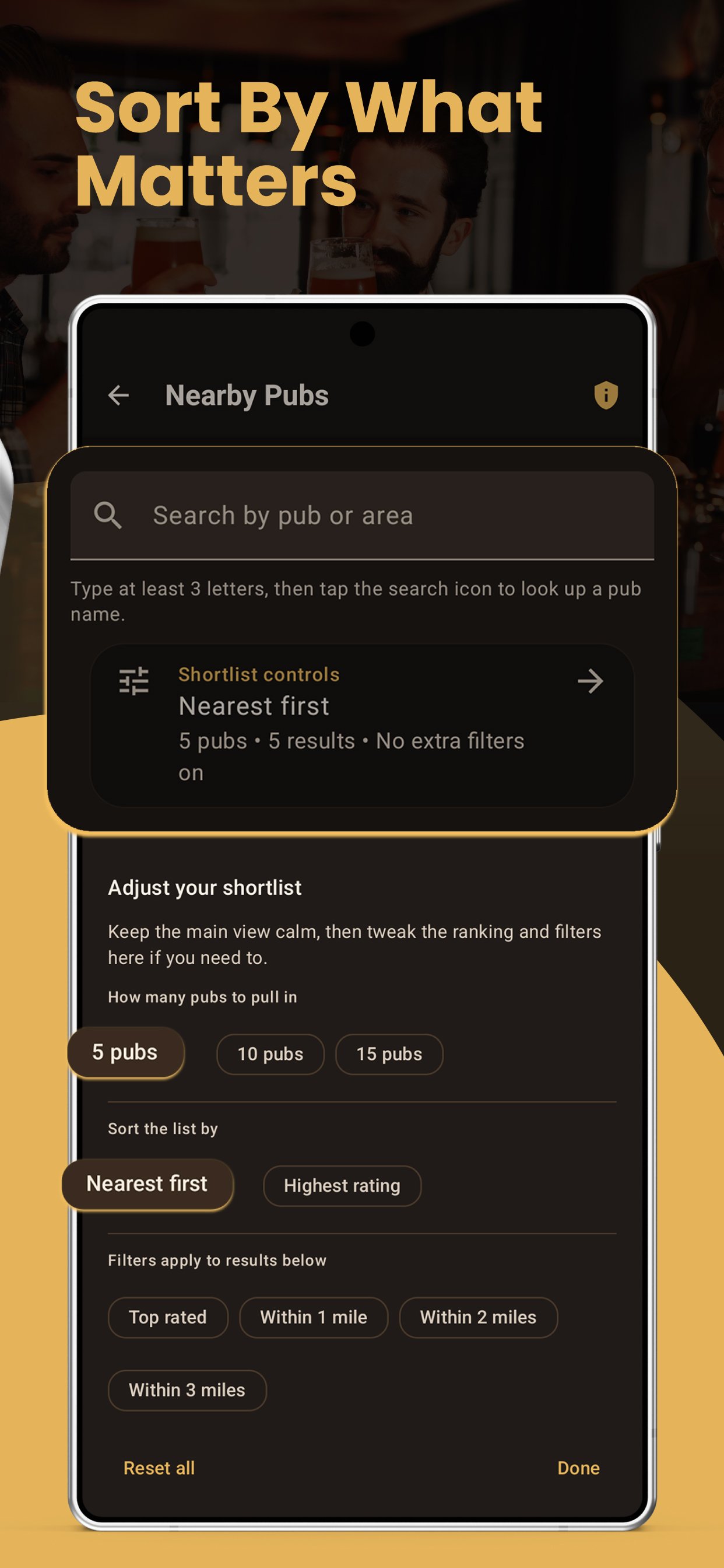 Nearby pubs filters showing search, nearest first sorting and distance controls.